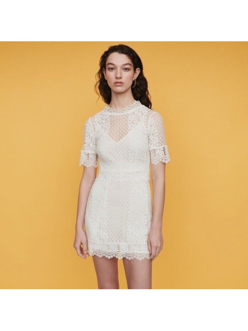 Maje Cream Lace High-Neck Mini Dress